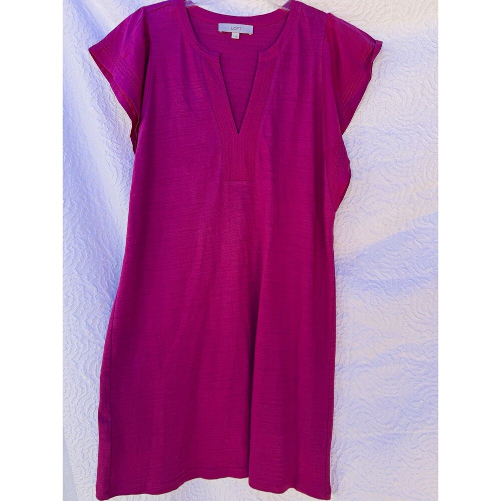 LOFT pink cotton shift dress women’s large split neck short sleeve